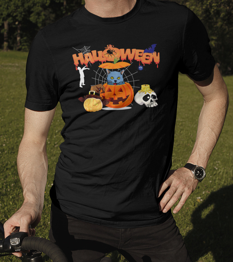 Halloween Russian Blue Cat Pumpkin Witch Zombie Skull Spider Bat T-Shirt