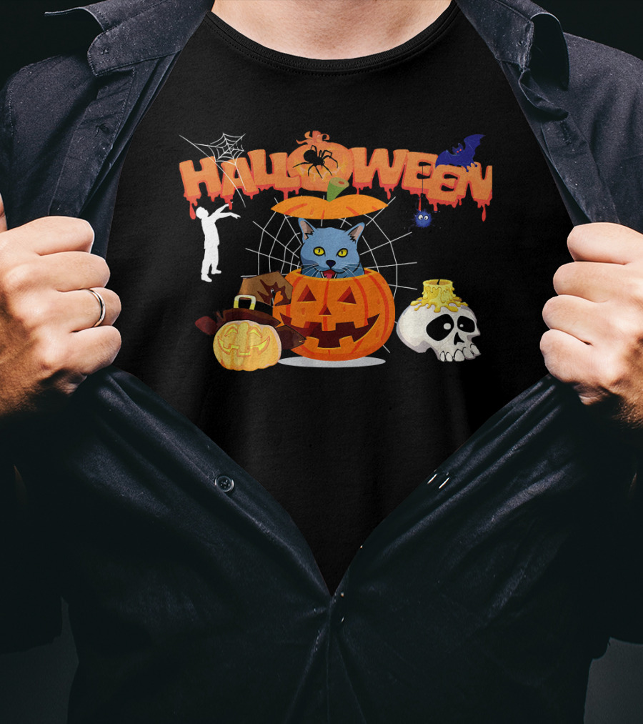 Halloween Russian Blue Cat Pumpkin Witch Zombie Skull Spider Bat T-Shirt
