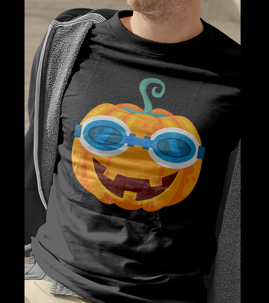 Swimming Pumpkin With Goggles Funny Halloween T-Shirt
