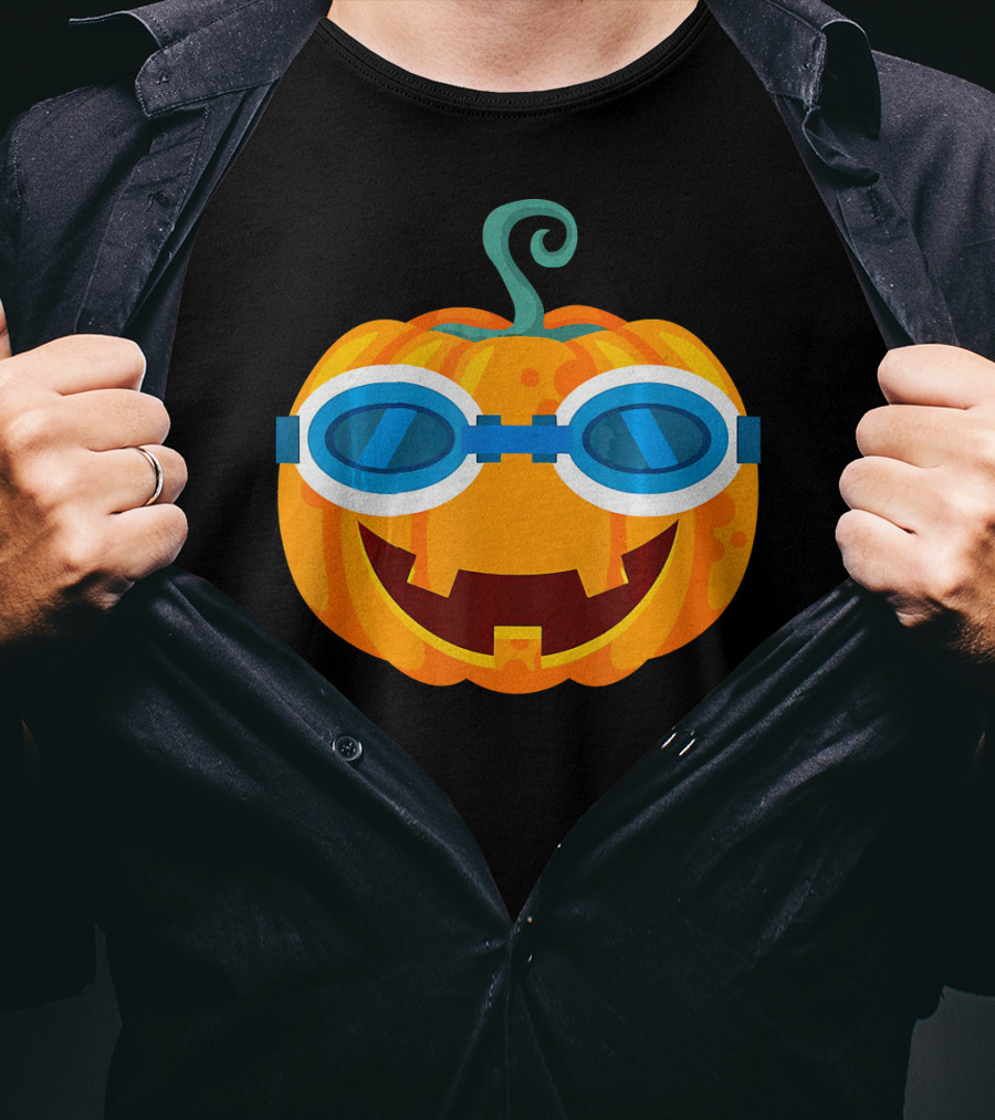Swimming Pumpkin With Goggles Funny Halloween T-Shirt