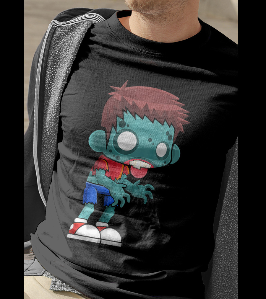 Zombie Boy Cartoon Character With Red Shirt And Blue Shorts T-Shirt