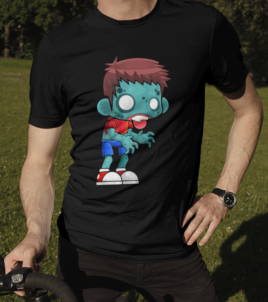 Zombie Boy Cartoon Character With Red Shirt And Blue Shorts T-Shirt