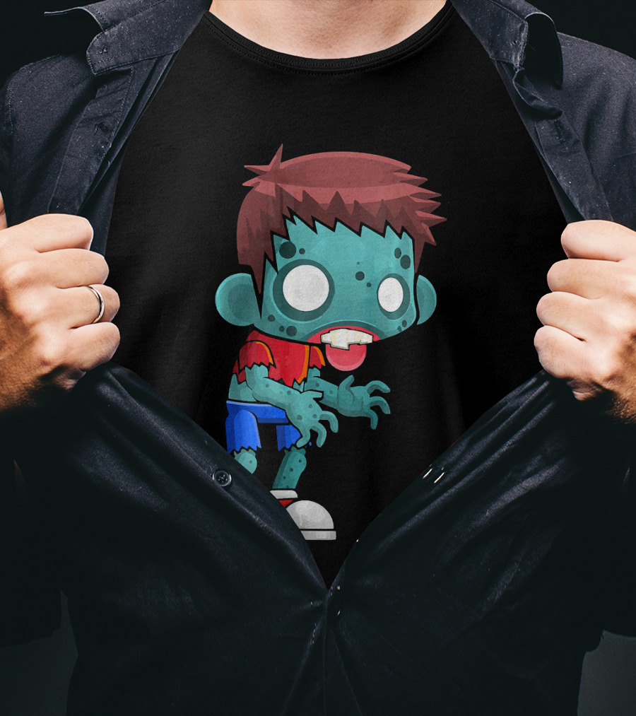 Zombie Boy Cartoon Character With Red Shirt And Blue Shorts T-Shirt