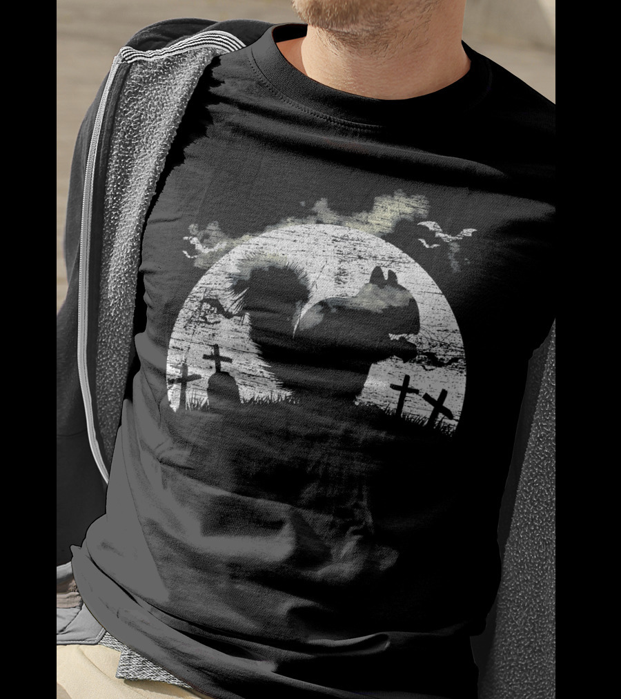 Halloween Squirrel Graveyard Silhouette With Full Moon And Bats T-Shirt