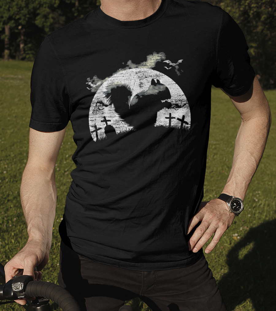 Halloween Squirrel Graveyard Silhouette With Full Moon And Bats T-Shirt