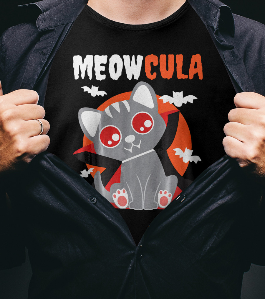 MEOWCULA Vampire Cat Halloween Dracula Bats T-Shirt