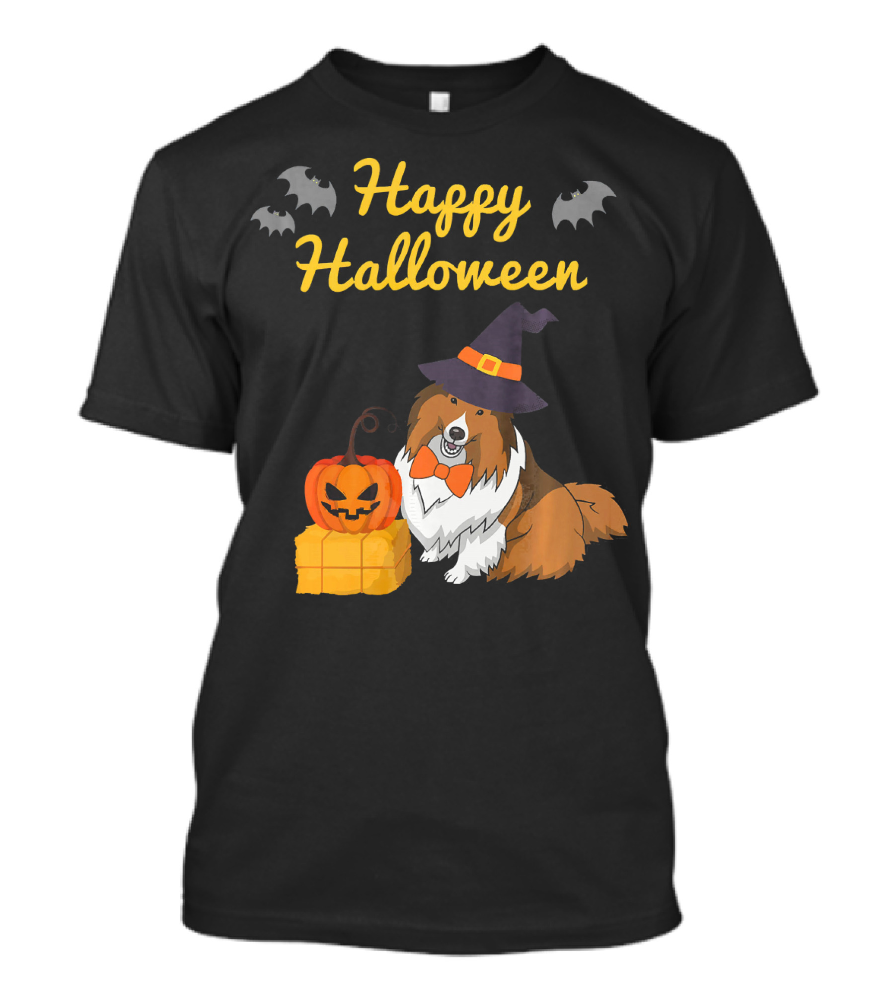Happy Halloween Cute Sheltie With Witch Hat Pumpkins And Bats T-Shirt
