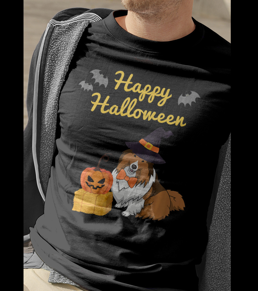 Happy Halloween Cute Sheltie With Witch Hat Pumpkins And Bats T-Shirt