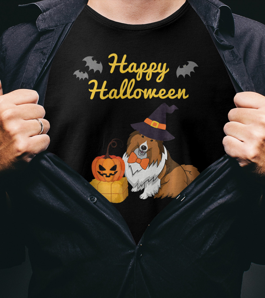 Happy Halloween Cute Sheltie With Witch Hat Pumpkins And Bats T-Shirt