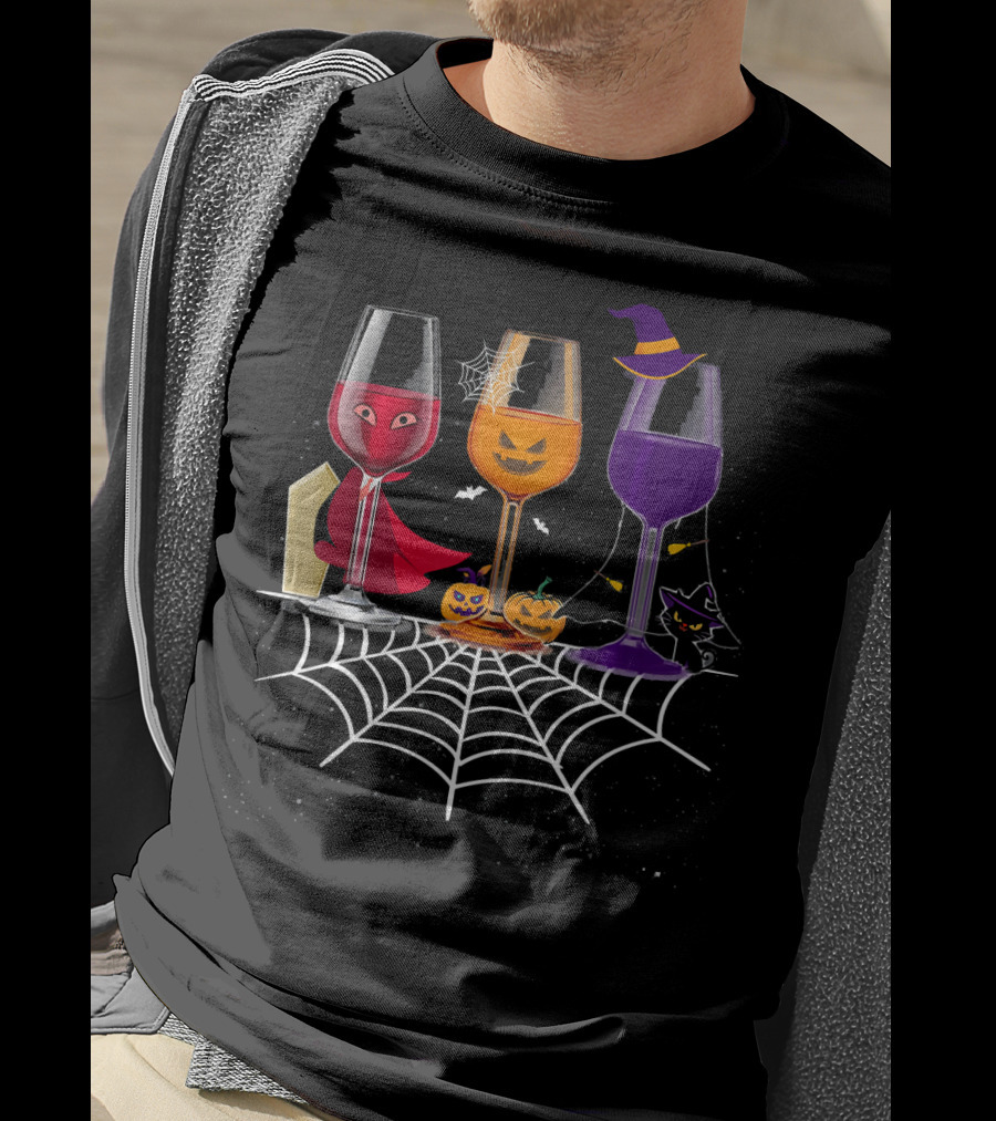Halloween Wine Glasses Witch Vampire Pumpkin Cat Spiderweb T-Shirt