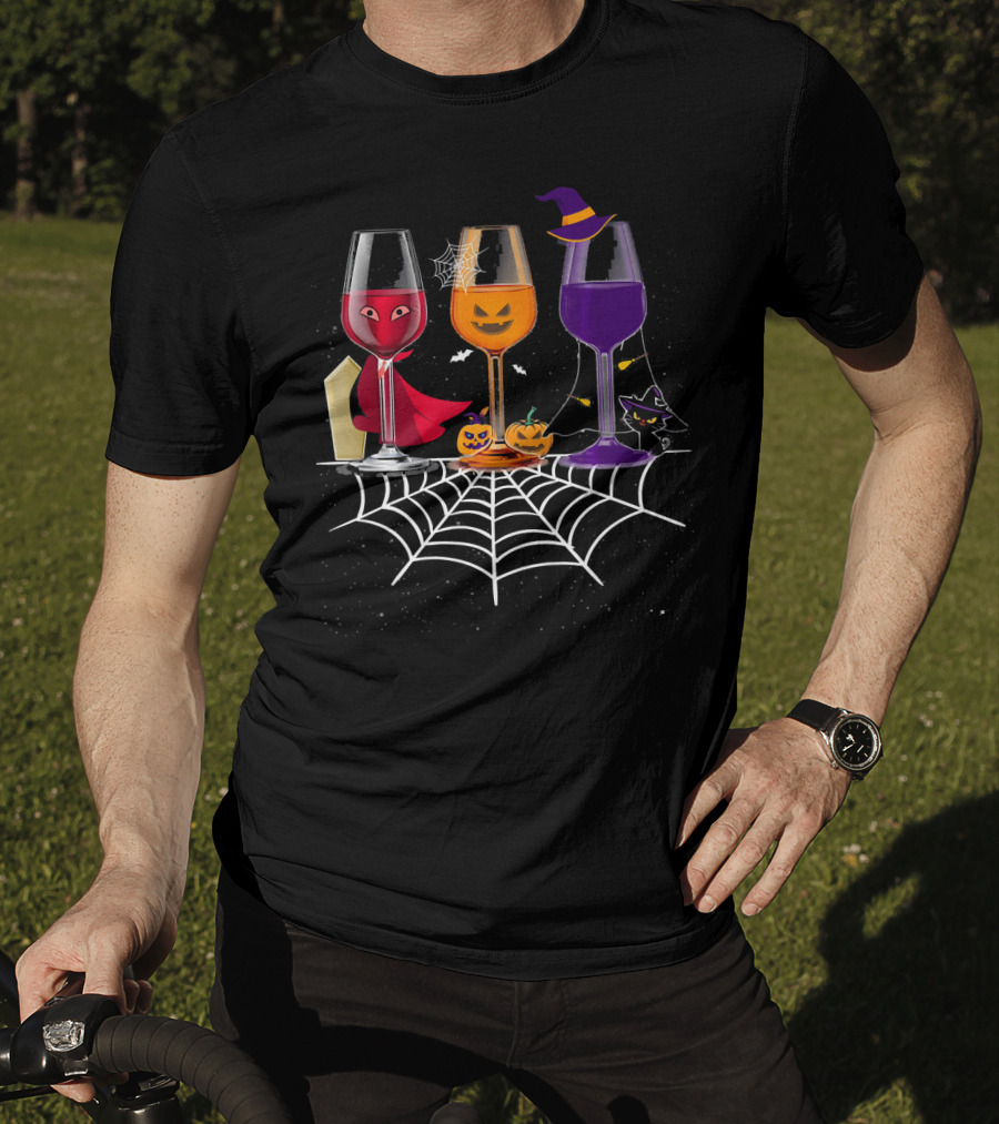 Halloween Wine Glasses Witch Vampire Pumpkin Cat Spiderweb T-Shirt