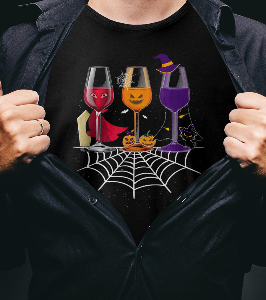 Halloween Wine Glasses Witch Vampire Pumpkin Cat Spiderweb T-Shirt