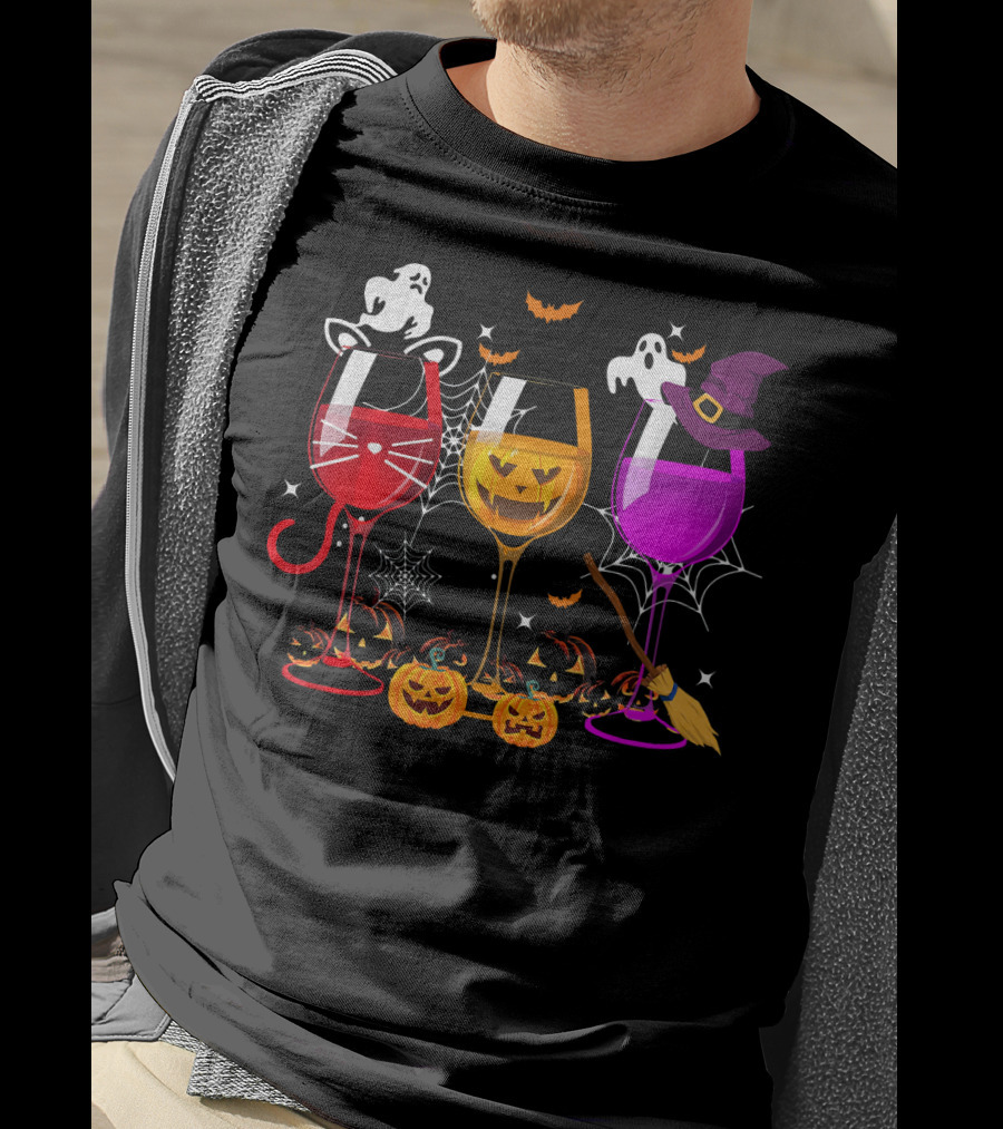 Halloween Ghost Cat Witch Pumpkin Three Glasses Of Wine T-Shirt