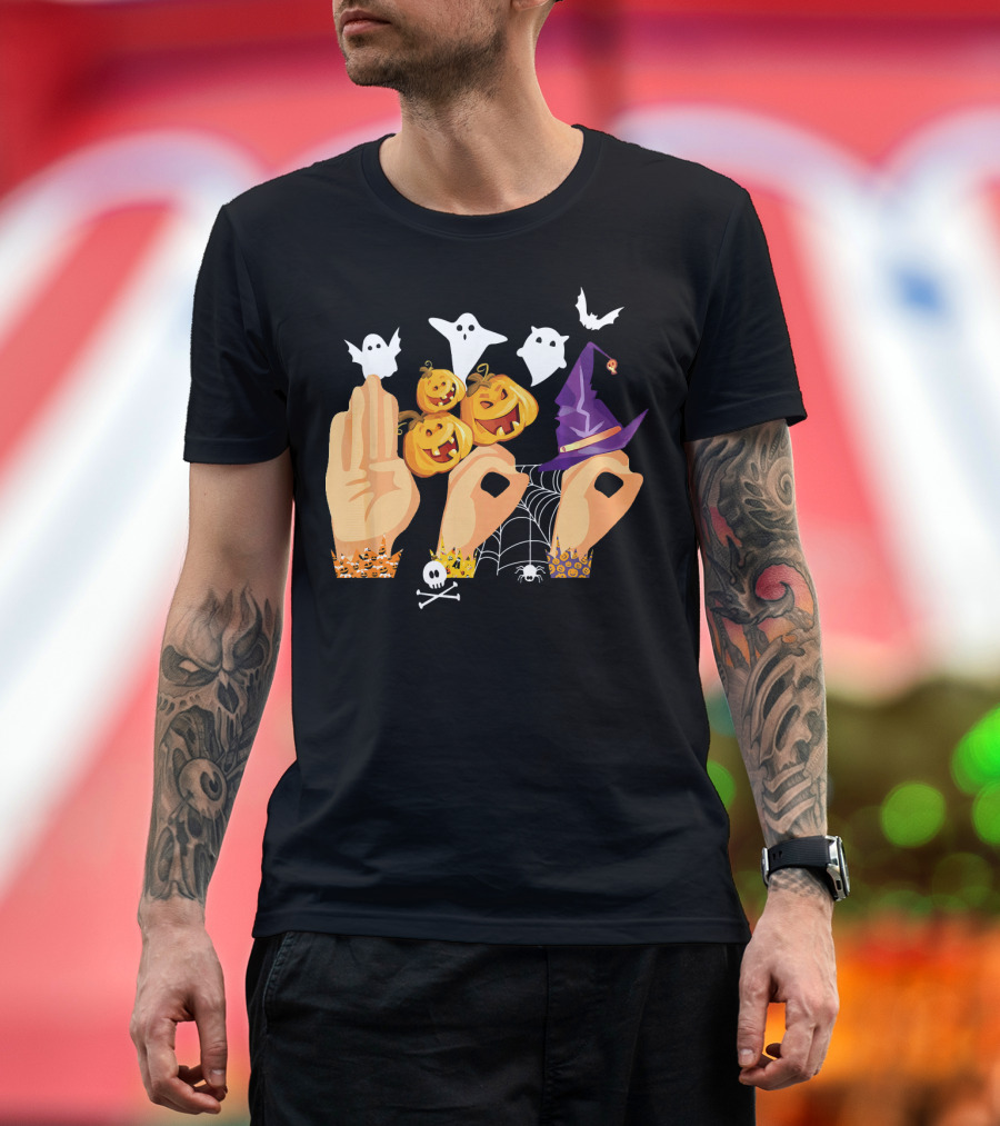ASL Boo Sign Language Ghosts Pumpkins Witch Hat Halloween T-Shirt