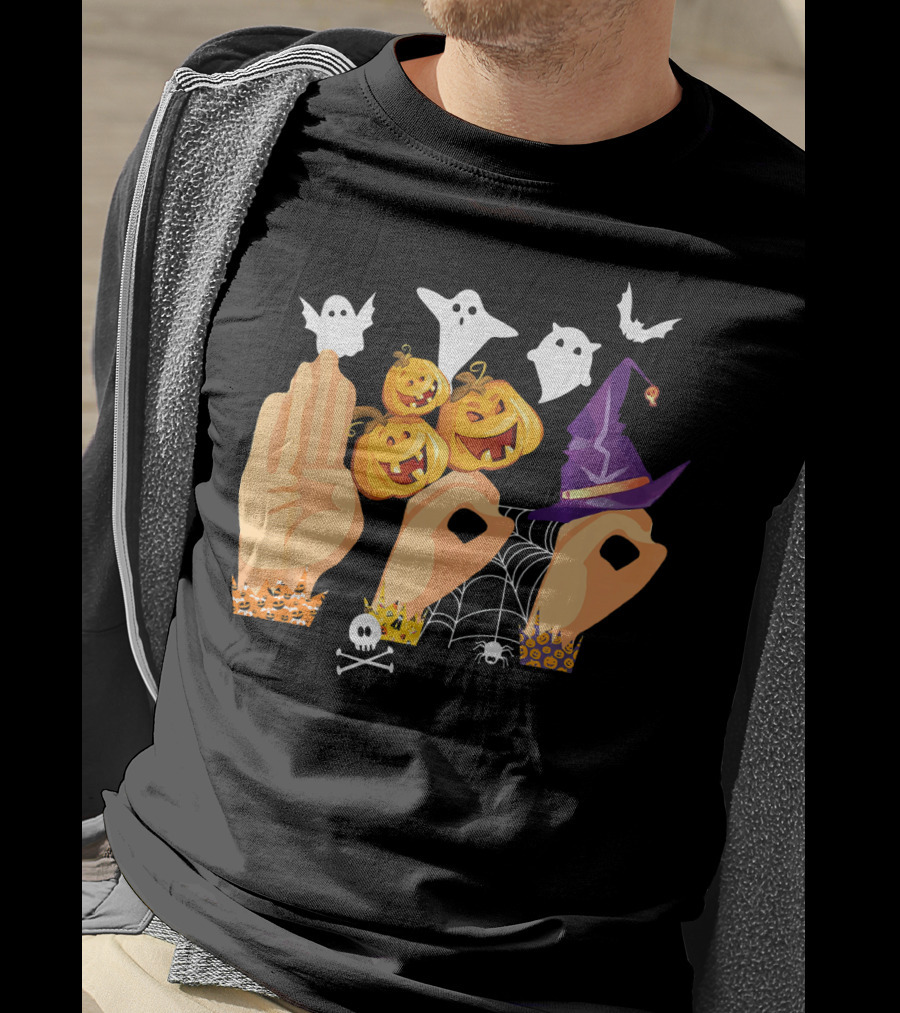 ASL Boo Sign Language Ghosts Pumpkins Witch Hat Halloween T-Shirt