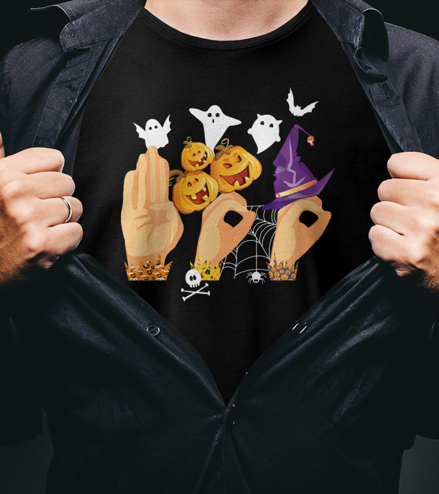 ASL Boo Sign Language Ghosts Pumpkins Witch Hat Halloween T-Shirt