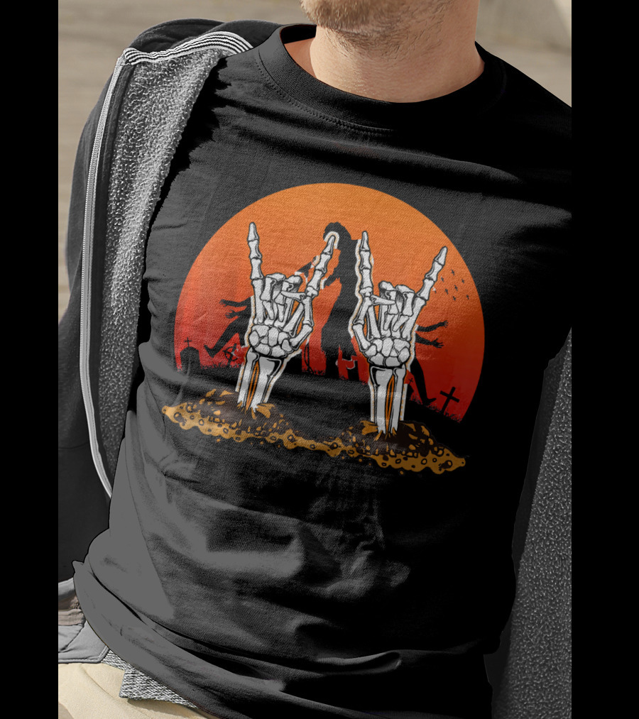 Halloween Skeleton Rocker Graveyard Sunset With Rock Hands T-Shirt