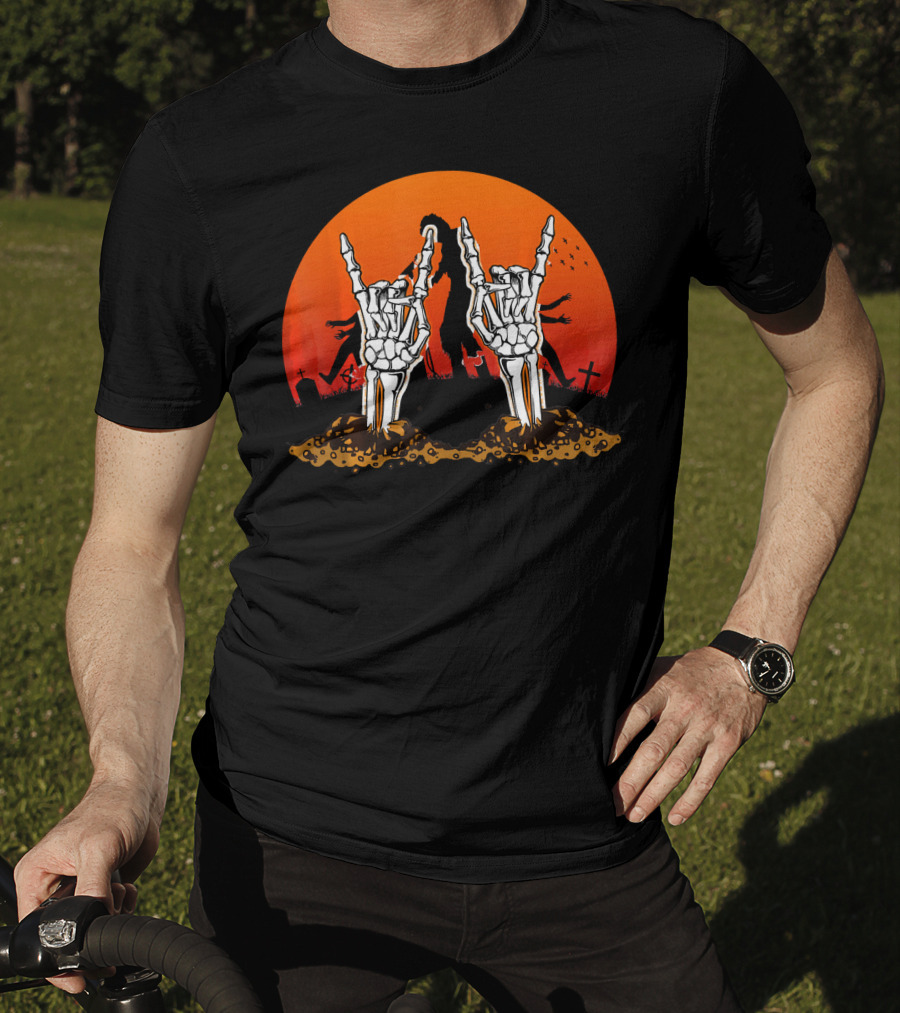 Halloween Skeleton Rocker Graveyard Sunset With Rock Hands T-Shirt