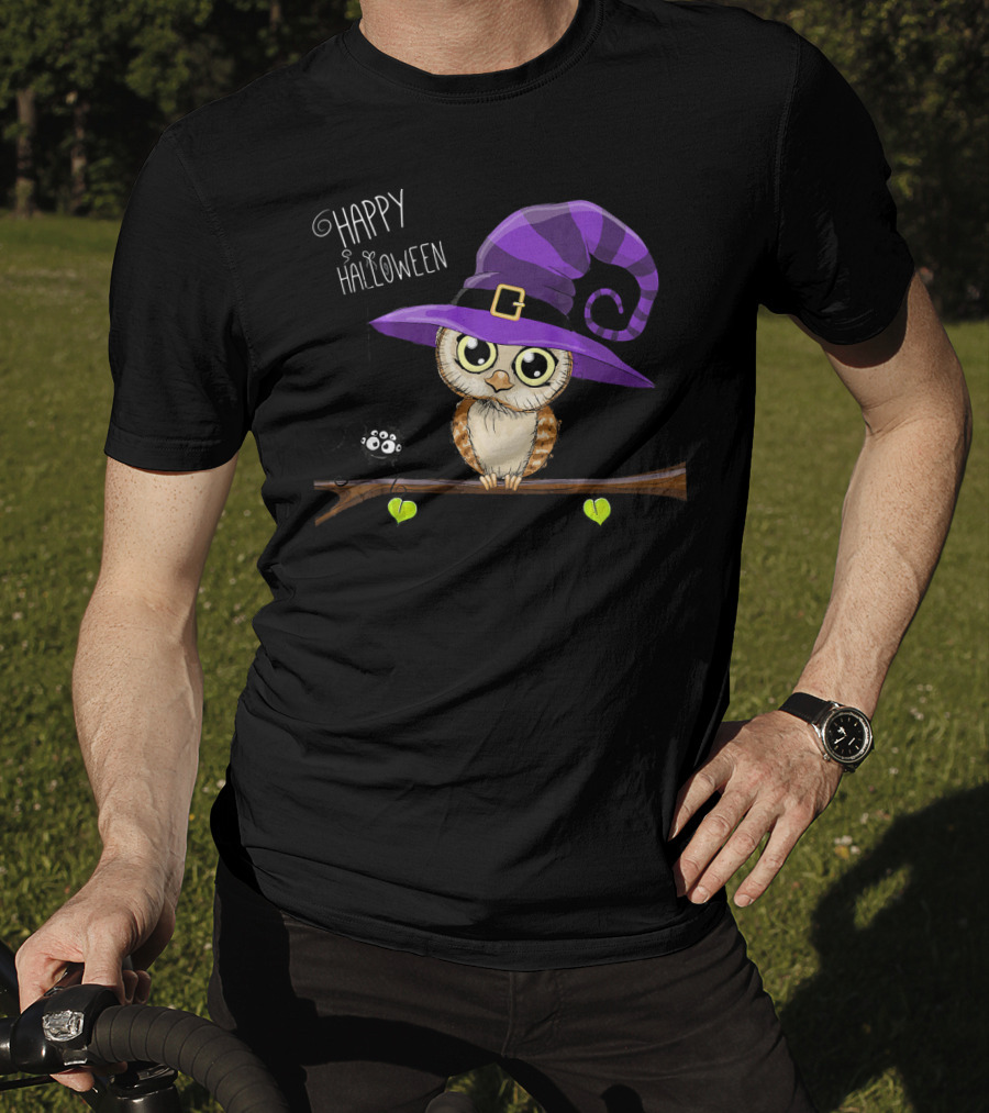 Happy Halloween Owl In Purple Witch Hat With Spider On Branch T-Shirt