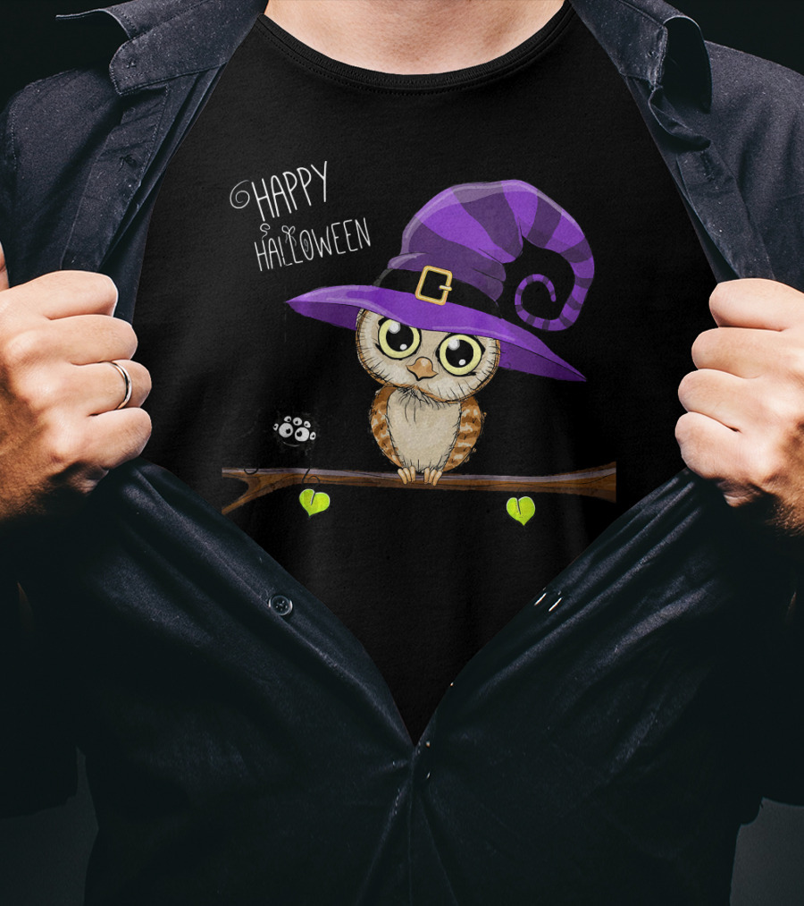 Happy Halloween Owl In Purple Witch Hat With Spider On Branch T-Shirt