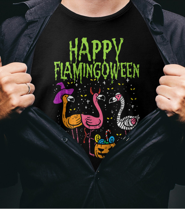 Happy Flamingoween Witch, Devil, Mummy Flamingo Halloween Pumpkin Candy T-Shirt