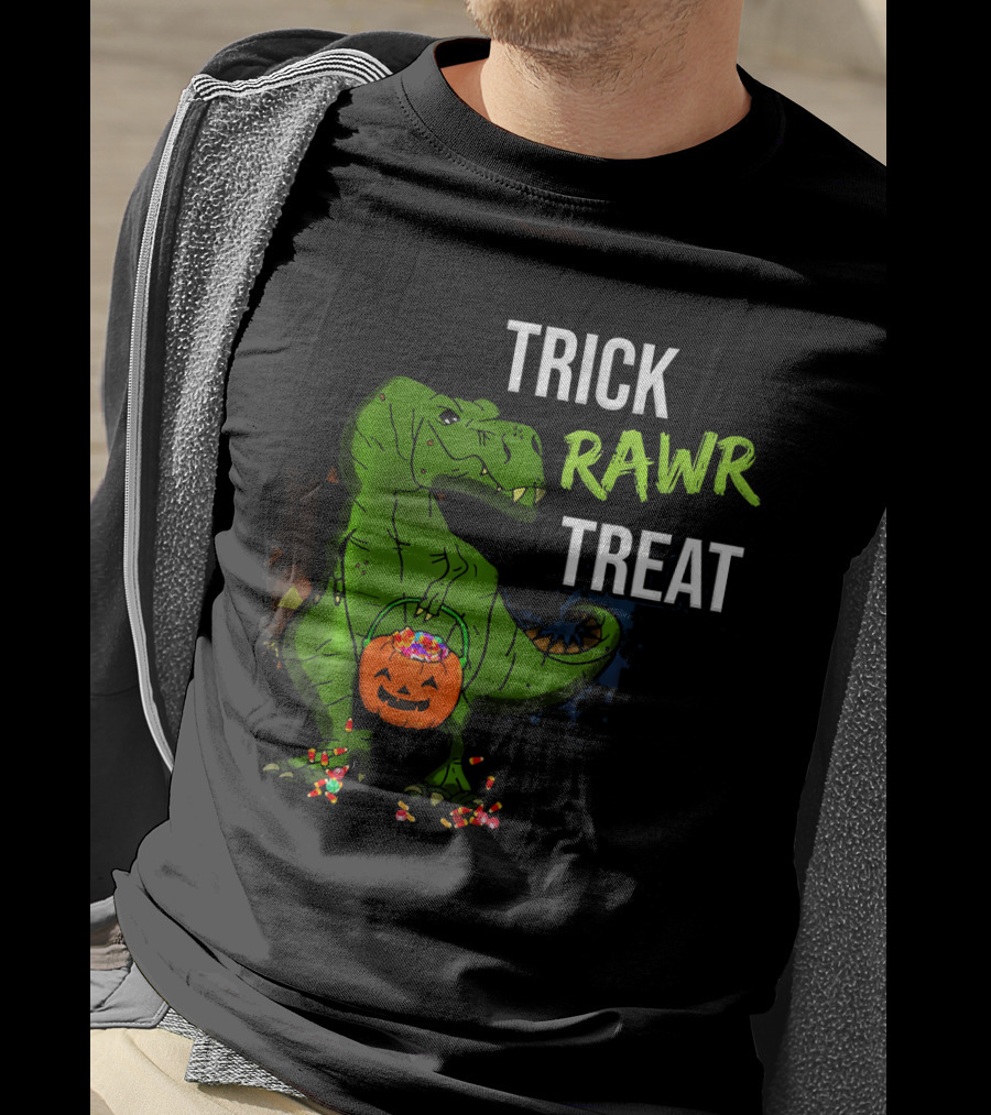 Trick Rawr Treat Halloween Rex Dinosaur With Candy And Pumpkin T-Shirt