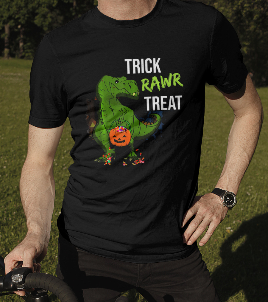 Trick Rawr Treat Halloween Rex Dinosaur With Candy And Pumpkin T-Shirt