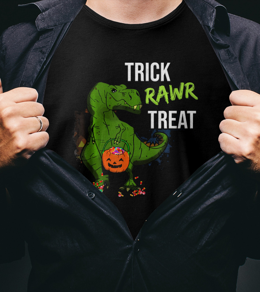 Trick Rawr Treat Halloween Rex Dinosaur With Candy And Pumpkin T-Shirt