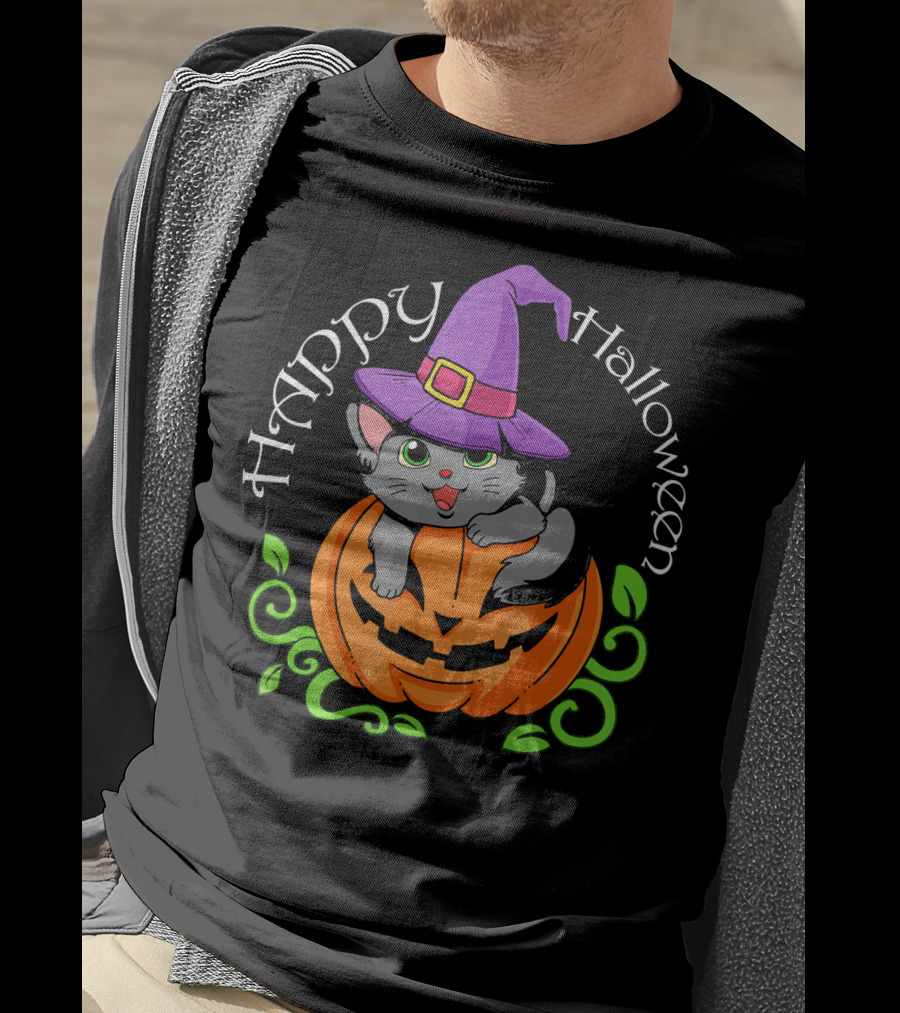 Happy Halloween Cat In Witch Hat On Pumpkin T-Shirt