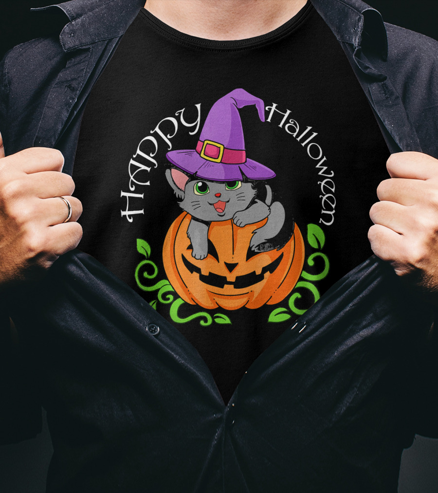 Happy Halloween Cat In Witch Hat On Pumpkin T-Shirt