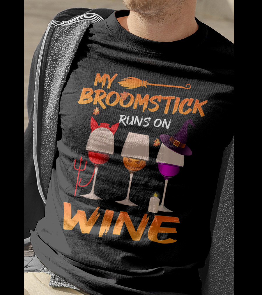 My Broomstick Runs On Wine Halloween Glasses T-Shirt