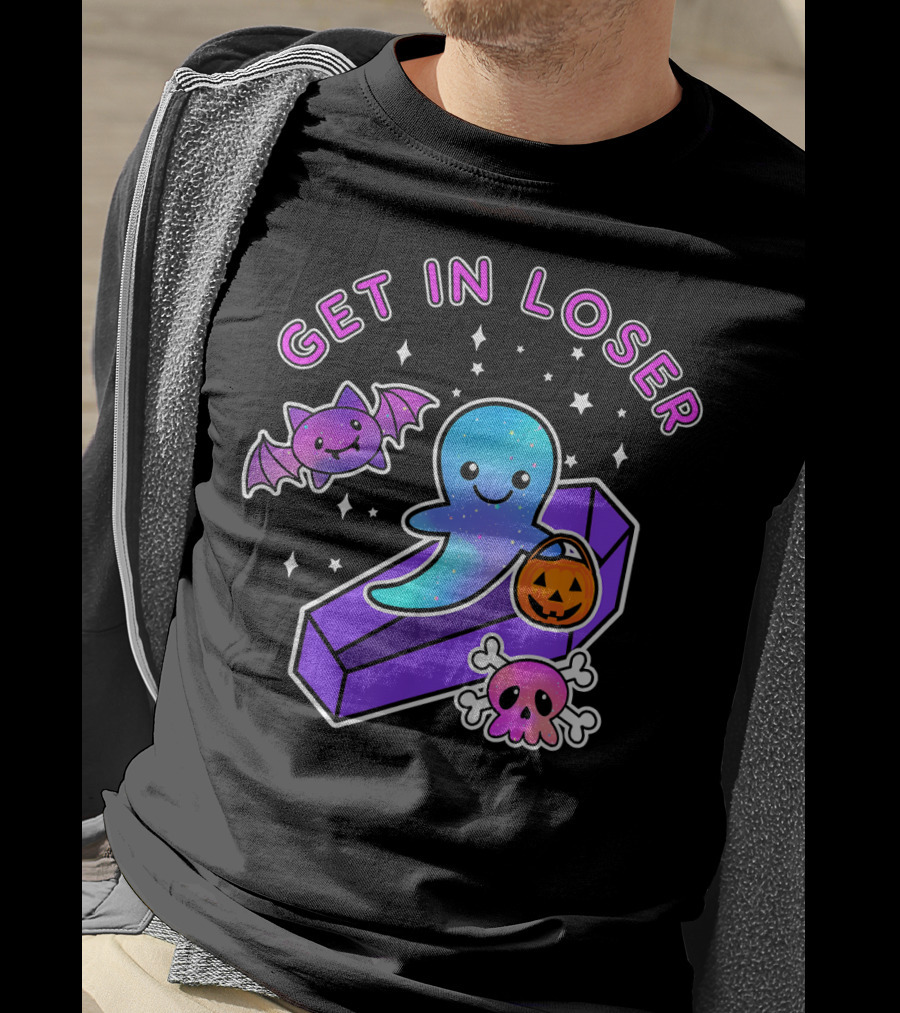 Get In Loser Kawaii Pastel Goth Halloween Ghost Coffin With Bat And Pumpkin T-Shirt