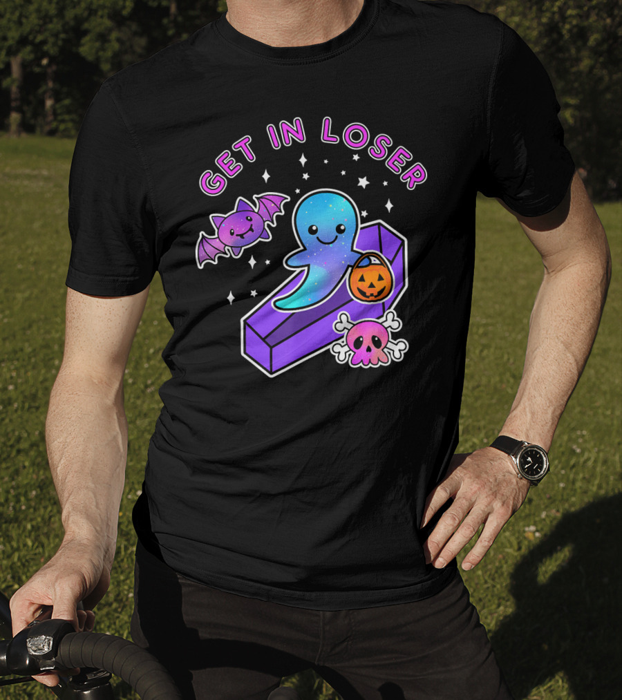 Get In Loser Kawaii Pastel Goth Halloween Ghost Coffin With Bat And Pumpkin T-Shirt