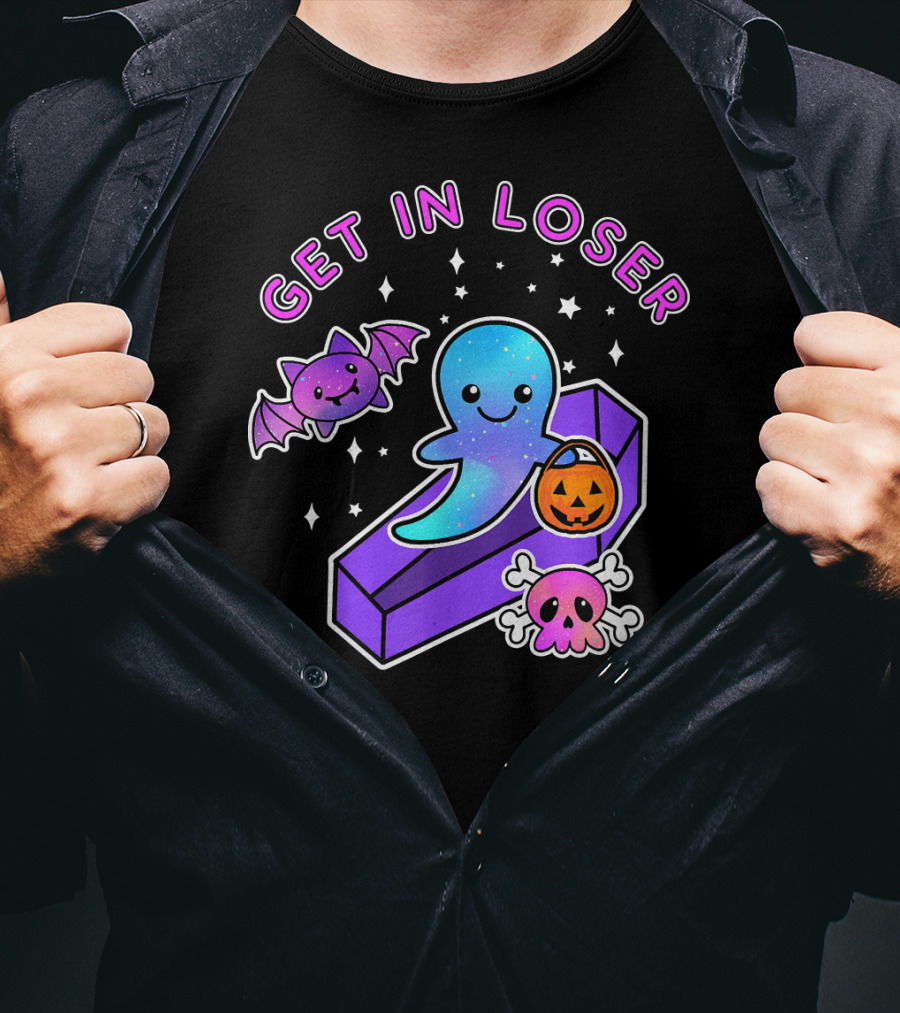 Get In Loser Kawaii Pastel Goth Halloween Ghost Coffin With Bat And Pumpkin T-Shirt