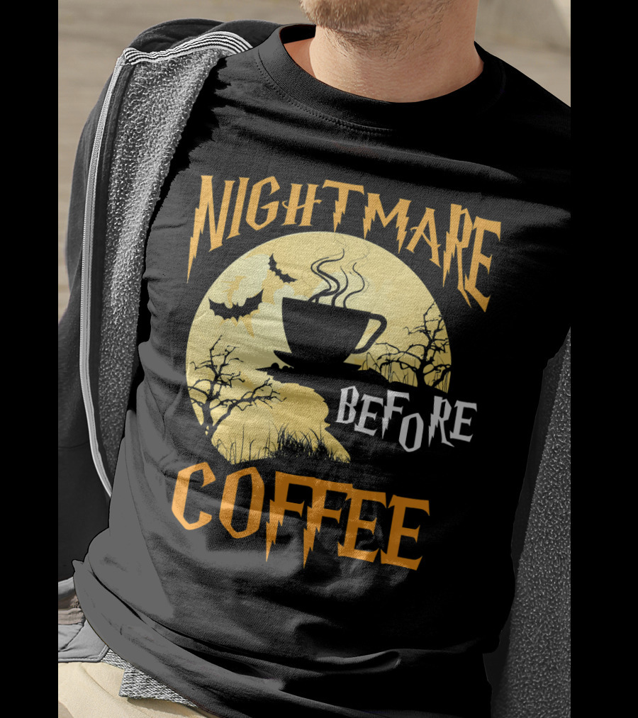 Nightmare Before Coffee Halloween Moon Bat And Tree T-Shirt