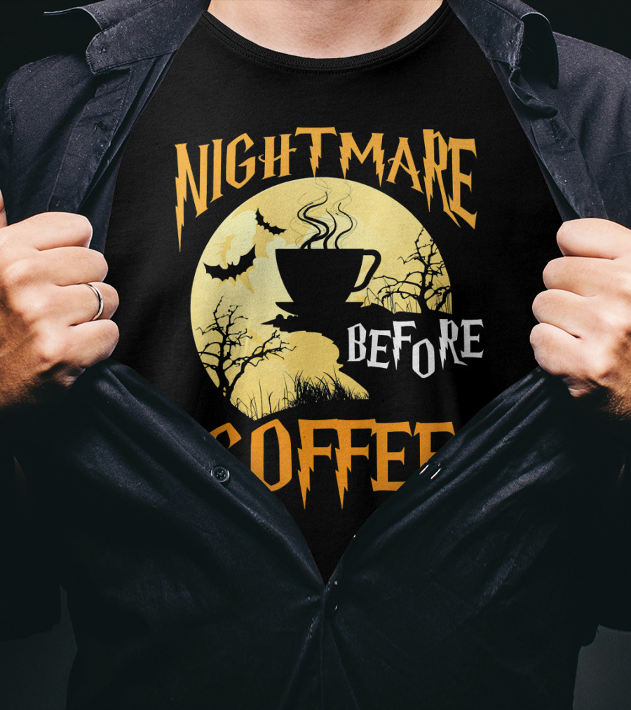 Nightmare Before Coffee Halloween Moon Bat And Tree T-Shirt