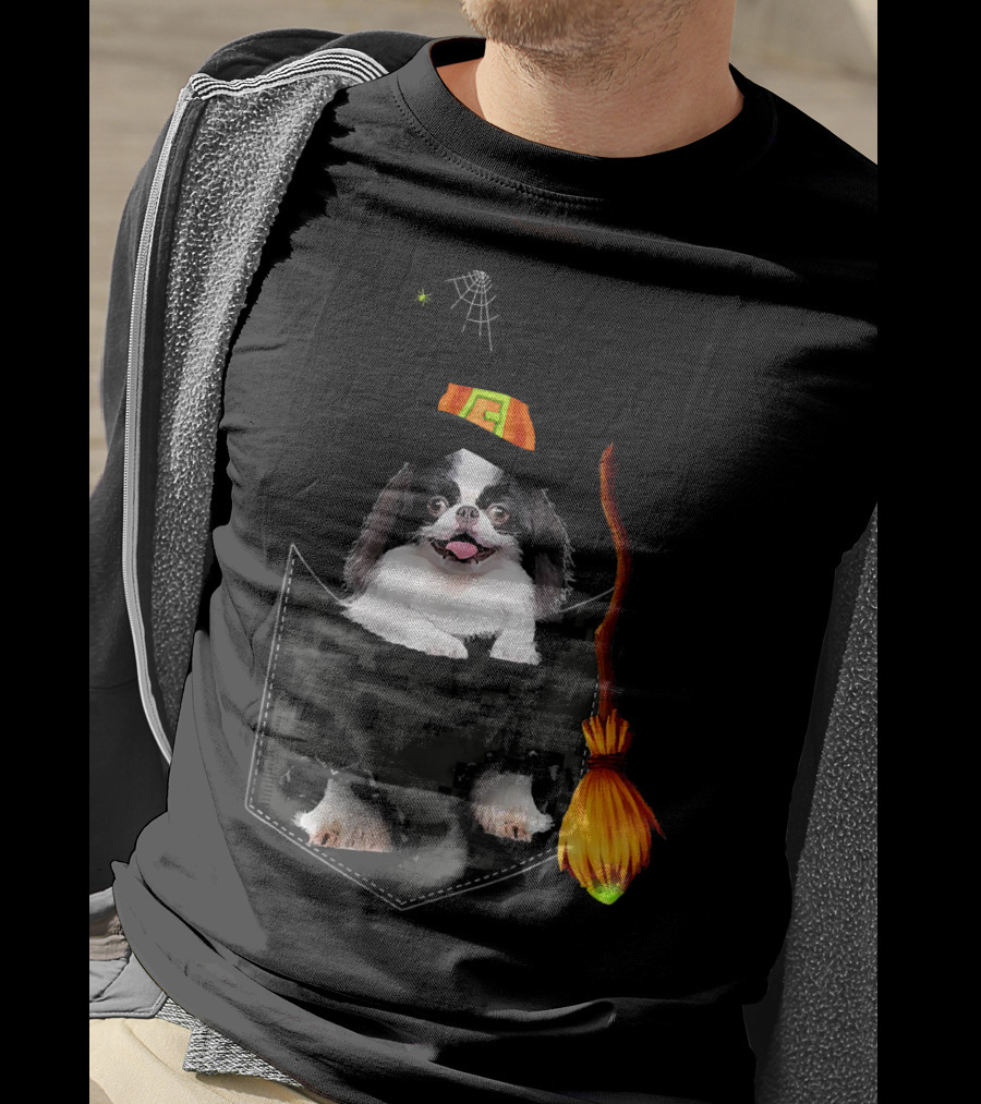 Japanese Chin Halloween Witch Hat Broom Pocket T-Shirt