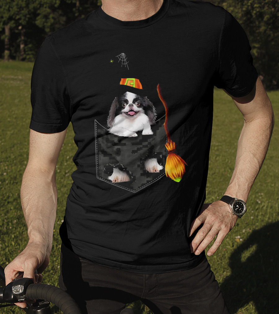 Japanese Chin Halloween Witch Hat Broom Pocket T-Shirt