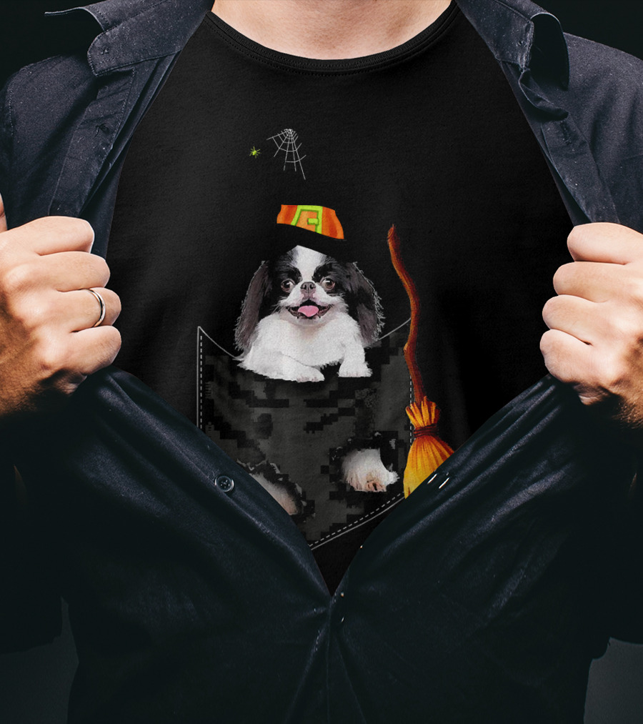 Japanese Chin Halloween Witch Hat Broom Pocket T-Shirt