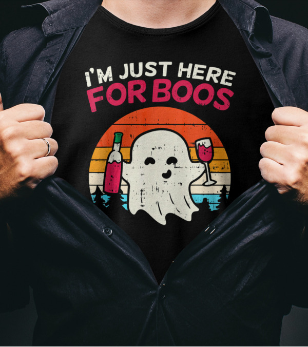 I'm Just Here For Boos Retro Ghost Wine Vintage T-Shirt