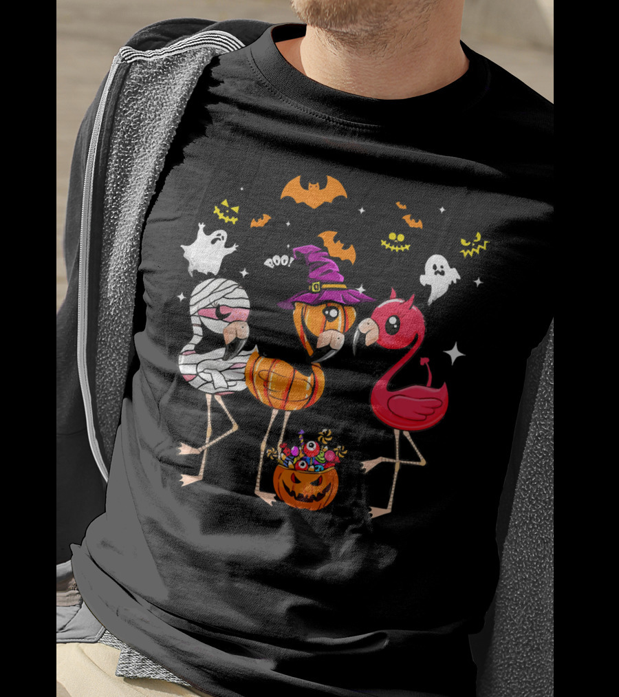 Funny Flamingo Halloween Costume Trio Mummy Witch Boo T-Shirt