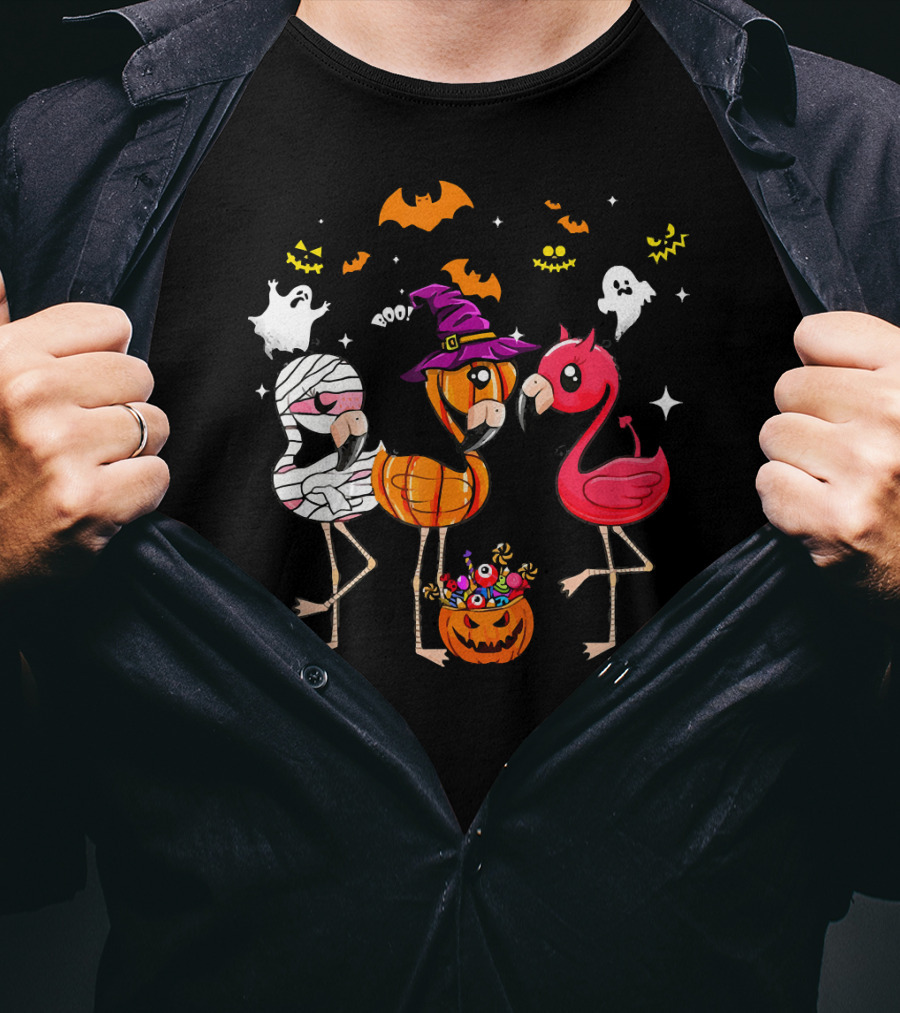 Funny Flamingo Halloween Costume Trio Mummy Witch Boo T-Shirt