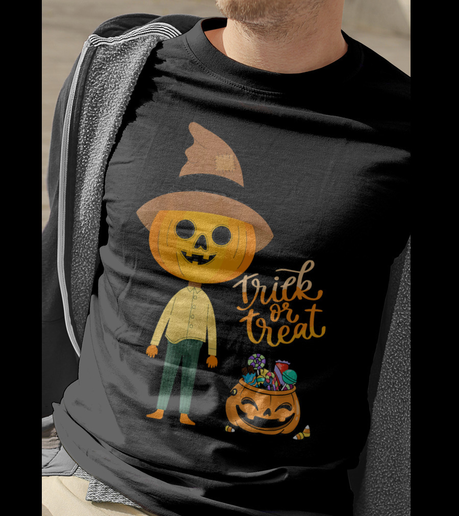 Trick Or Treat Funny Cute Halloween Pumpkin With Candy And Patchwork Hat T-Shirt
