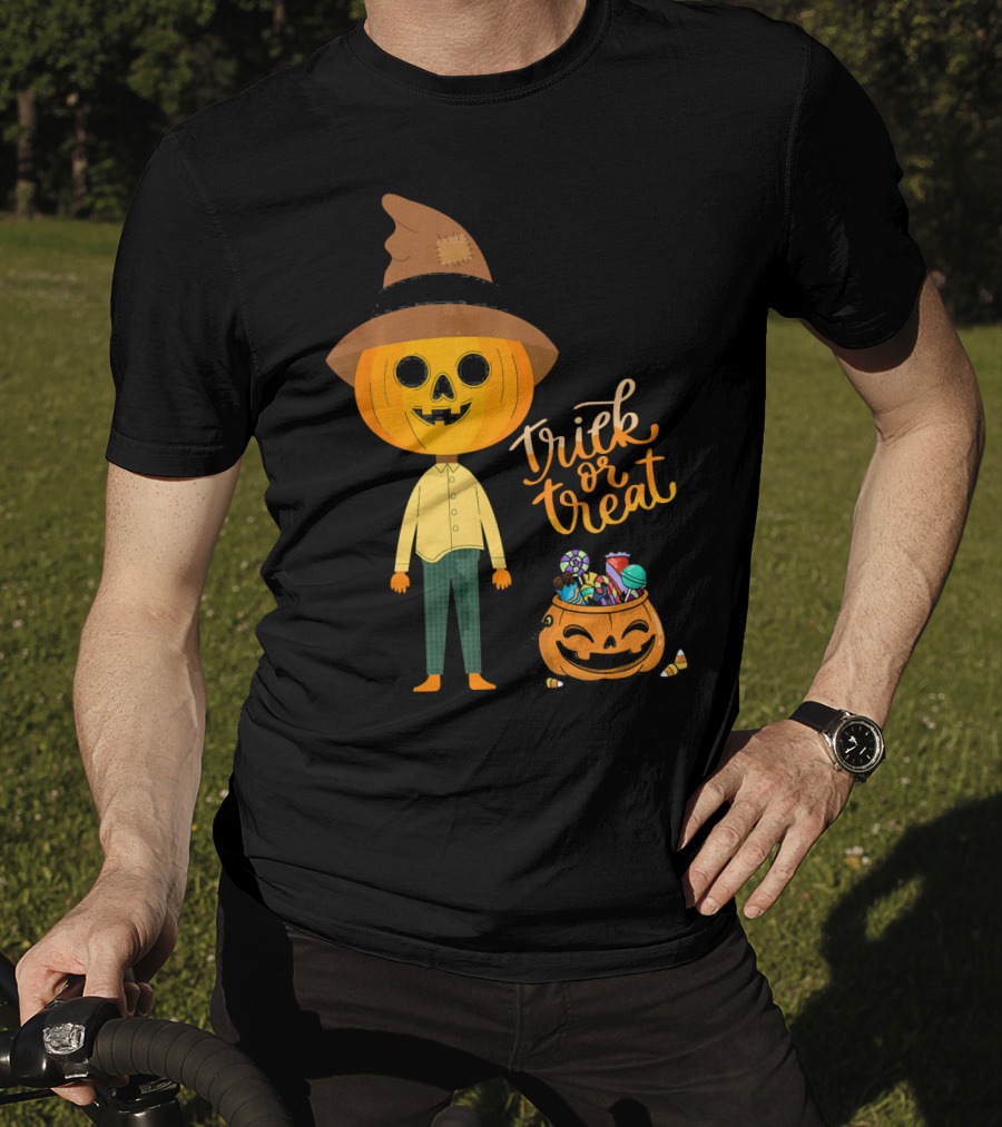 Trick Or Treat Funny Cute Halloween Pumpkin With Candy And Patchwork Hat T-Shirt