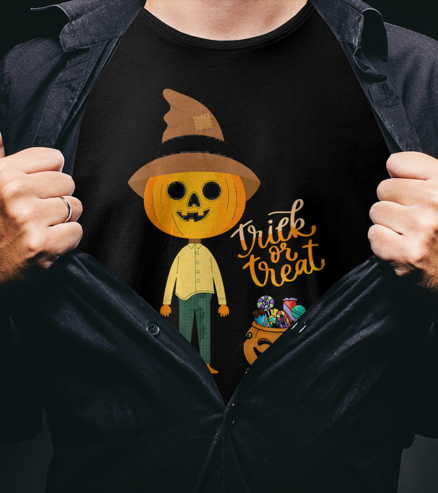 Trick Or Treat Funny Cute Halloween Pumpkin With Candy And Patchwork Hat T-Shirt