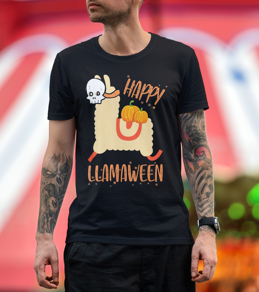 Happy Llamaween Funny Halloween Llama with Pumpkins T-Shirt