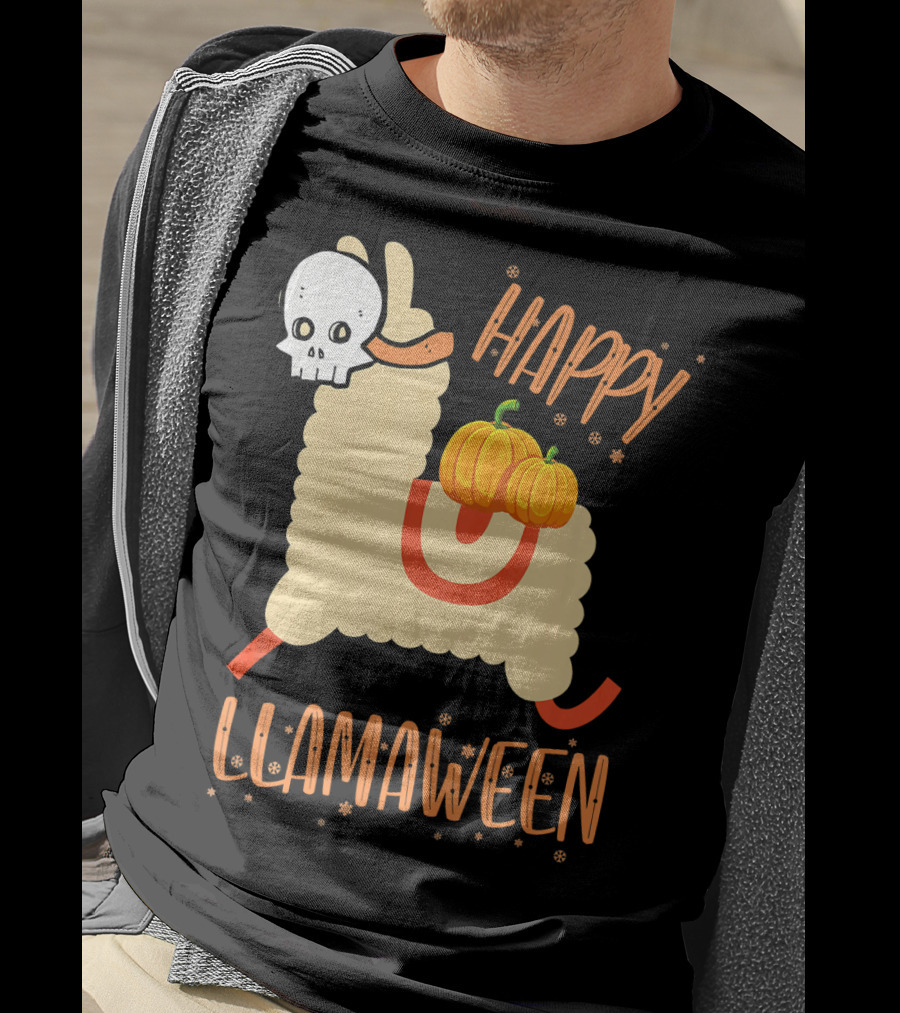 Happy Llamaween Funny Halloween Llama With Pumpkins T-Shirt