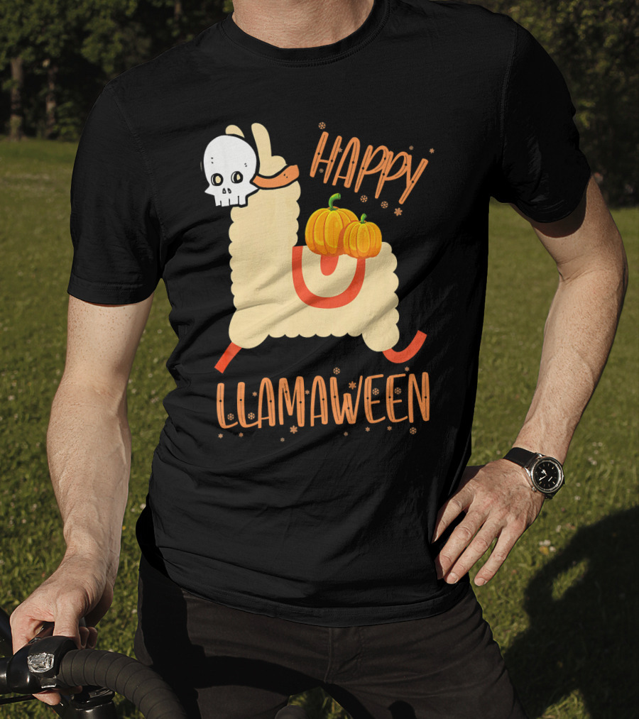Happy Llamaween Funny Halloween Llama With Pumpkins T-Shirt