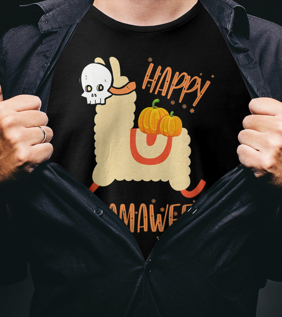 Happy Llamaween Funny Halloween Llama With Pumpkins T-Shirt