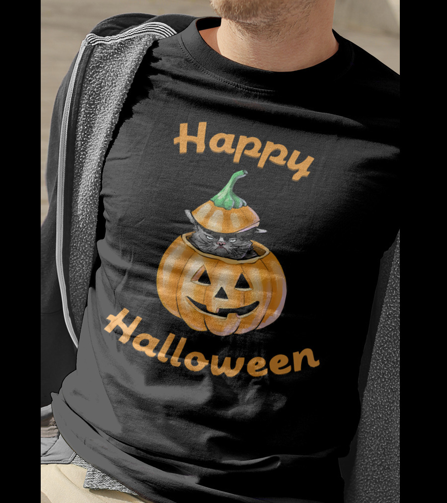 Happy Halloween Funny Cat In Pumpkin T-Shirt